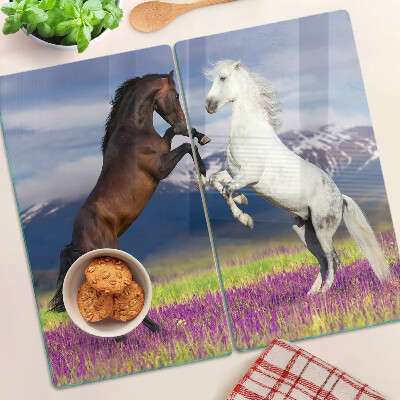 Tábua para cozinha Cavalos com montanhas e flores ao fundo
