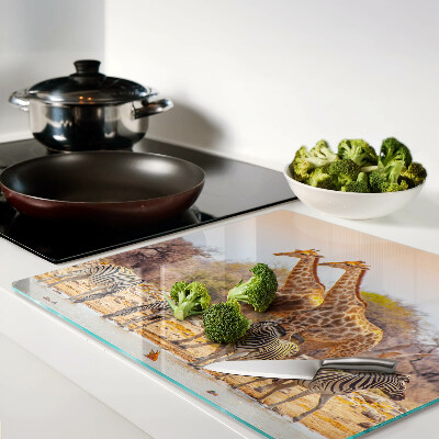 Tábua para corte Zebra e girafa em seu habitat natural