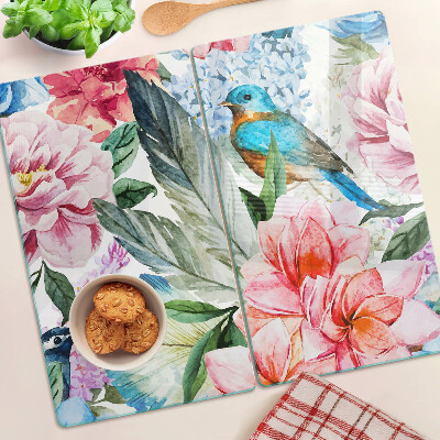 Tábua para corte Flores e pássaros em aquarela
