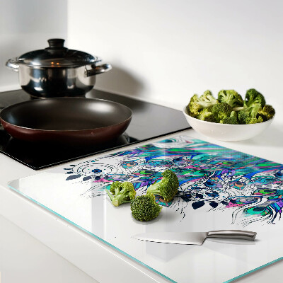 Tábua para cozinha Penas de pavão em verde e azul