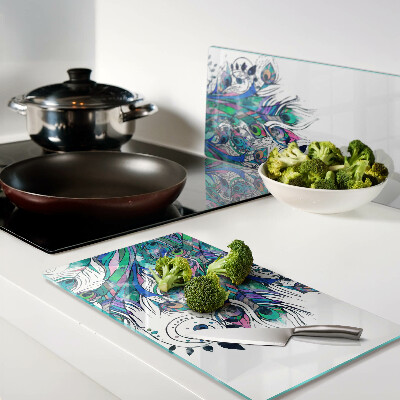 Tábua para cozinha Penas de pavão em verde e azul