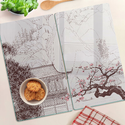 Tábua para cozinha Paisagem montanhosa com árvores floridas