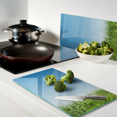 Tábua para corte Prado verde sob um céu azul