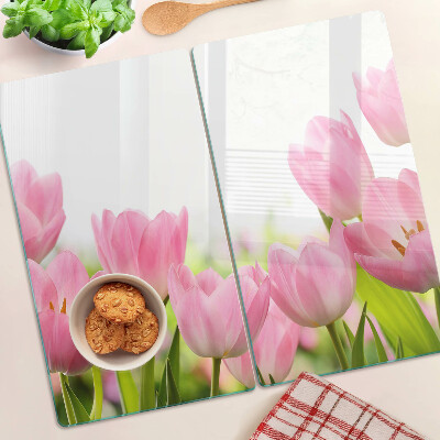 Tábua para corte Tulipas cor de rosa no jardim