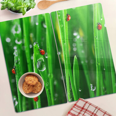 Tábua para corte Gotas de água na grama com joaninhas