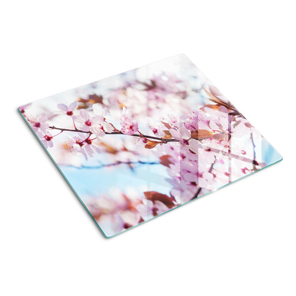 Tábua para corte Flores de cerejeira em um fundo azul