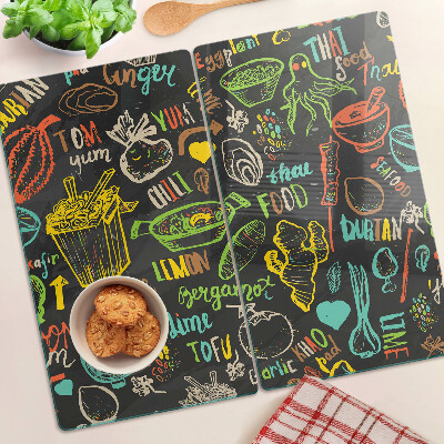 Tábua para corte Tema culinário com comida