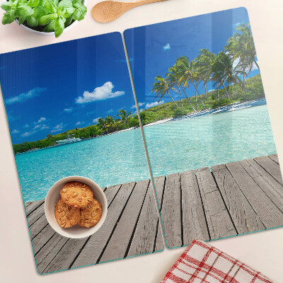 Tábua para corte Praia tropical com palmeiras