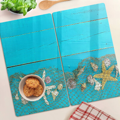 Tábua para cozinha Conchas e estrelas do mar em uma rede