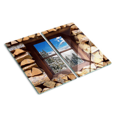 Tábua para corte Vista de uma paisagem de inverno através da janela