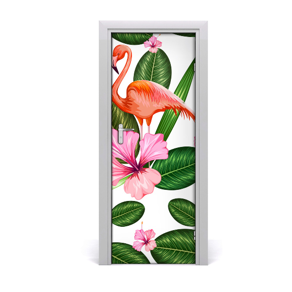 Adesivo em porta Flamingos e flores