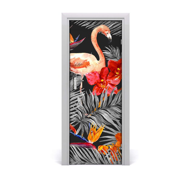 Papel de parede em porta Flamingos e flores