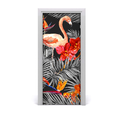 Papel de parede em porta Flamingos e flores
