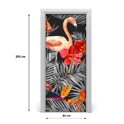 Papel de parede em porta Flamingos e flores