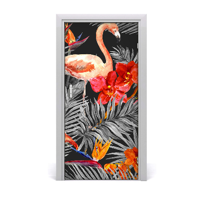 Papel de parede em porta Flamingos e flores