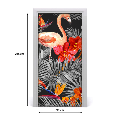 Papel de parede em porta Flamingos e flores
