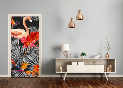 Papel de parede em porta Flamingos e flores