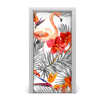 Autocolante para porta Flamingos e flores