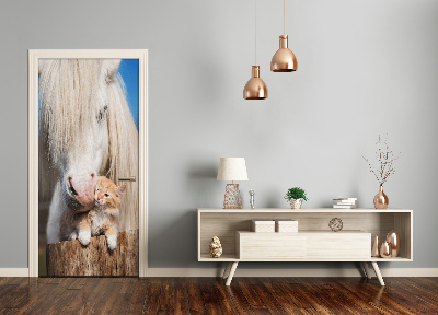 Adesivo em porta Cavalo branco com um gato