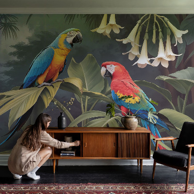 Papel de parede para sala papagaios coloridos