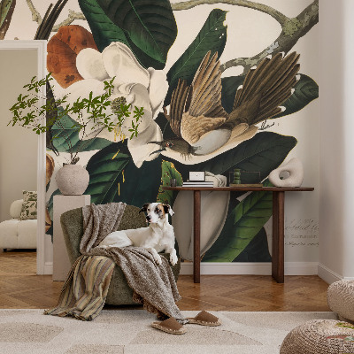 Mural fotográfico pássaros magnólias