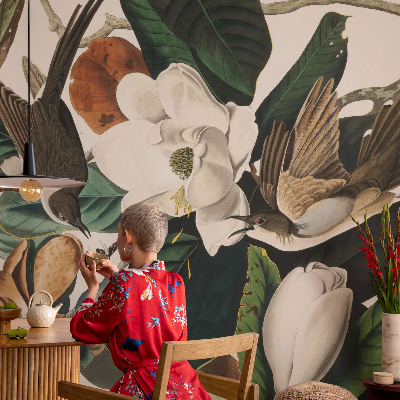 Mural fotográfico pássaros magnólias