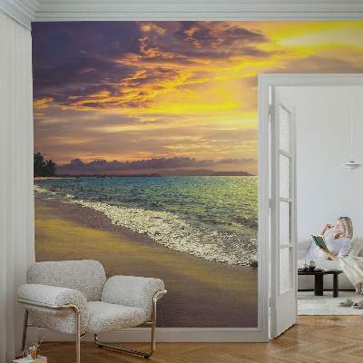 Papel de parede para criança com estampa de praia ao pôr do sol