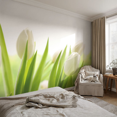 Papel de parede autocolante para quarto com estampa de tulipas brancas