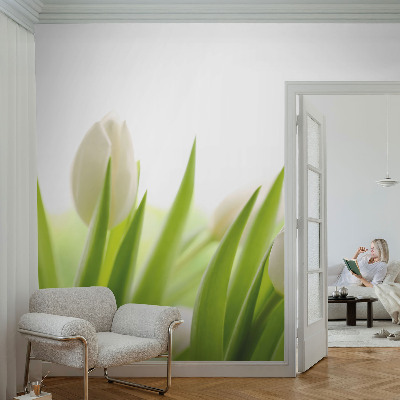 Papel de parede autocolante para quarto com estampa de tulipas brancas