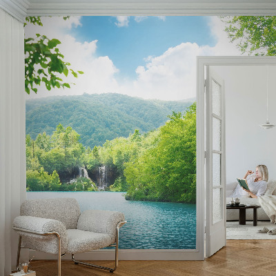 Papel de parede autocolante para sala com estampa de cachoeira natural
