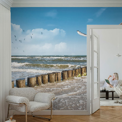 Papel de parede 3D com paisagem litorânea