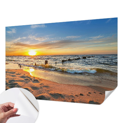Autocolante de parede fotográfico com estampa de pôr do sol na praia
