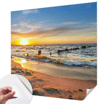 Autocolante de parede fotográfico com estampa de pôr do sol na praia