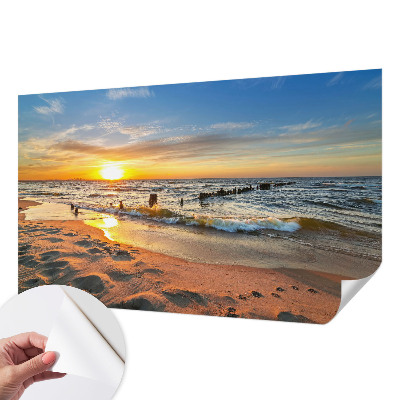Autocolante de parede fotográfico com estampa de pôr do sol na praia