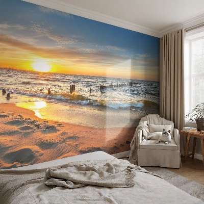 Autocolante de parede fotográfico com estampa de pôr do sol na praia