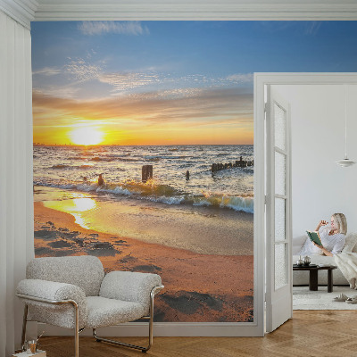 Autocolante de parede fotográfico com estampa de pôr do sol na praia