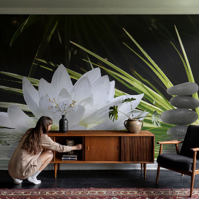 Papel de parede 3D com estampa de lírios para ambiente de meditação
