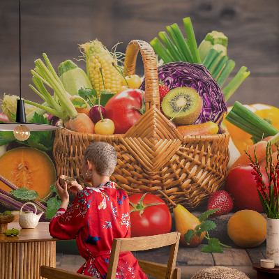Papel de parede infantil com estampa de frutas em estilo riqueza frutada