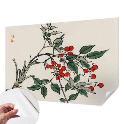 Papel de parede 3D com estampa de um raminho de frutos silvestres