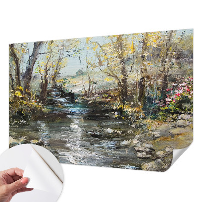 Papel de parede autocolante para sala com estampa de riacho na floresta