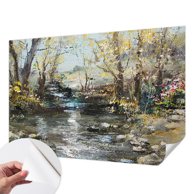 Papel de parede autocolante para sala com estampa de riacho na floresta