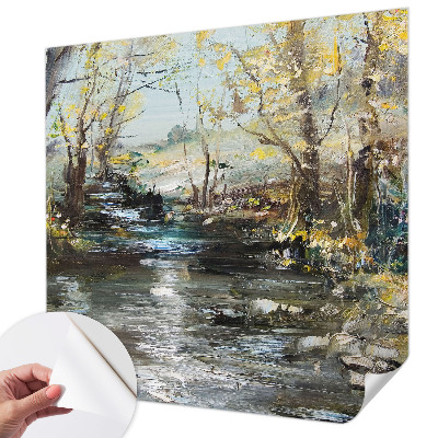 Papel de parede autocolante para sala com estampa de riacho na floresta