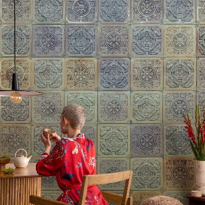 Papel de parede infantil com padrão de azulejos geométricos