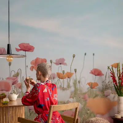 Autocolante de parede fotográfico com estampa de flores de papoula