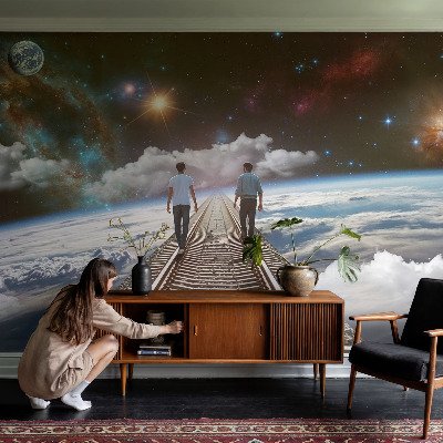 Papel de parede autocolante para quarto com estampa de viagem espacial