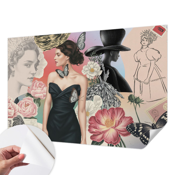 Papel de parede 3D com estampa de flores e retratos