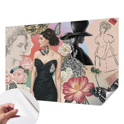 Papel de parede 3D com estampa de flores e retratos