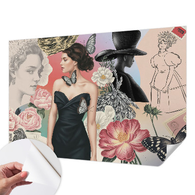 Papel de parede 3D com estampa de flores e retratos