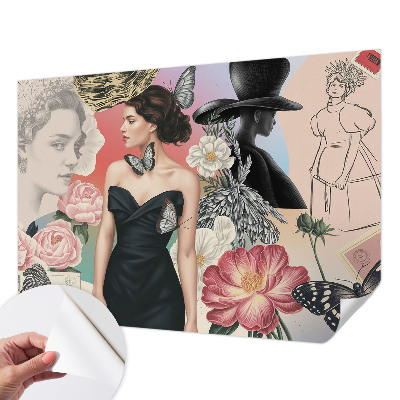 Papel de parede 3D com estampa de flores e retratos
