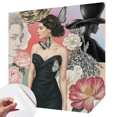 Papel de parede 3D com estampa de flores e retratos